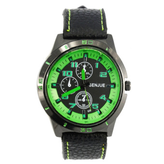 Unisex PU Leather Sports Wrist Quartz Watch Green + Black  