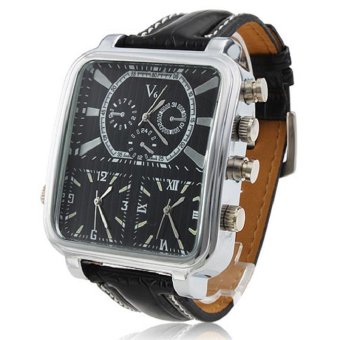V6 3 Time Zones Military Watch Big Square Dial PU Leather Strap Silver  