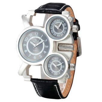 V6 Casual Quartz Watch Black Dial Design Leather Band Wristwatch  