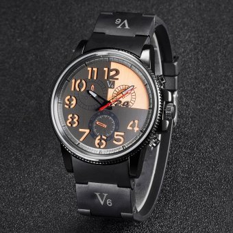 V6 Casual Quartz Watch Black Dial Design Rubber Band Wristwatch Orange  
