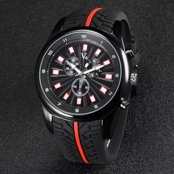 V6 Casual Quartz Watch Black Dial Design Silicone Band Wristwatch Red  