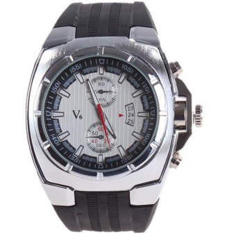 V6 Fashion Man Black Silicone Strap Sport Quartz Watch Silver 05CWSR  
