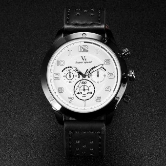 V6 Military Style Casual Quartz Watch PU Leather Band White  
