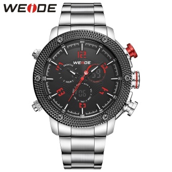 WEIDE Men Digital LCD Dual Display Wristwatches Quartz Watch Stainless Steel Waterproof Sport Watches Red 5206 - intl  