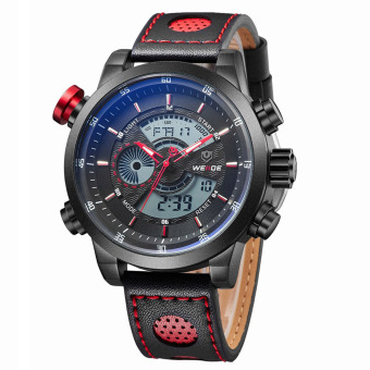 WEIDE WH-3401 Men' Luxury Genuine Leather Strap Quartz Digital LCD Back Light Military Sport Wristwatch - Black + Red  