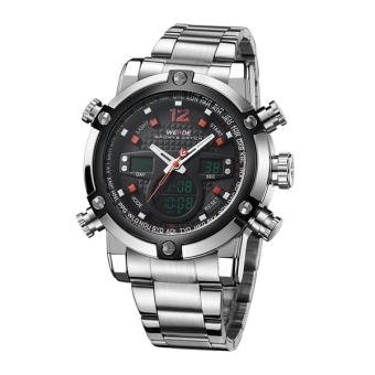 WEIDE WH-5205 laki-laki LED Digital dan kuarsa ganda tampilan waktu jam tangan olahraga dengan tanggal/minggu/Alarm/Stainless Steel Band (merah) - International  