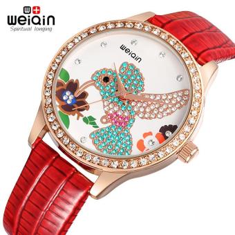 WEIQIN Fashion Women Luxury Quartz Rhinestone Hummingbird Dial PU Leather Strap Rose Gold Case Watches - intl  