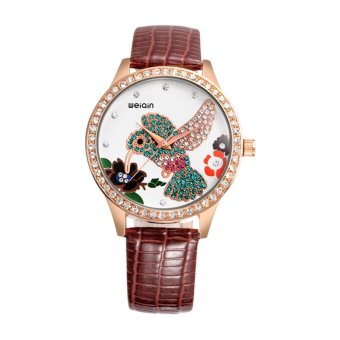 WEIQIN Fashion Women Luxury Quartz Rhinestone Hummingbird Dial Strap Rose Gold Case PU Leather Watches - intl  