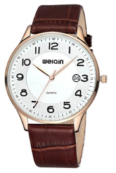 Weiqin ultrathin auto date brown genuine leather band Calendar Display Men Quartz gold white Watch  