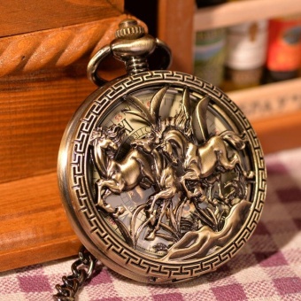 weishi Wholesale Antiques 2 Running Horses Engraved Gold Steampunk Hand Wind Pocket Watch Mechanical Keychain Watch Nurse (Bronze) - intl  