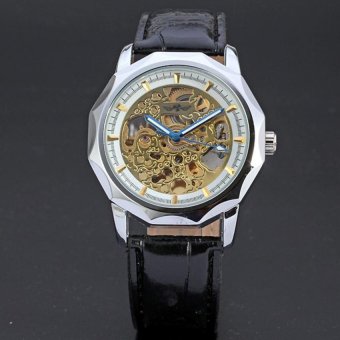 WINNER Automatic Skeleton Mechanical Black Leather Mens Dress Watch White Dial WW106  