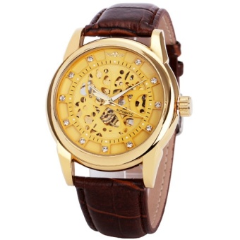 WINNER BEST Royal Diamond Design Black Gold Watch Mens Business Watches Top Brand Luxury Skeleton Mechanical Watch Leather Strap 247 - intl  
