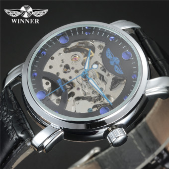 Winner Black Skeleton Designer Blue Engraving Clock Men Leather Strap Mens Automatic Watch Montre Homme  
