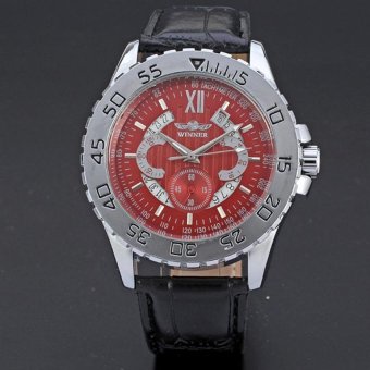 WINNER Calendar Automatic Mechanical Leather Strap Mens Sport Watch Red Dial WW091  