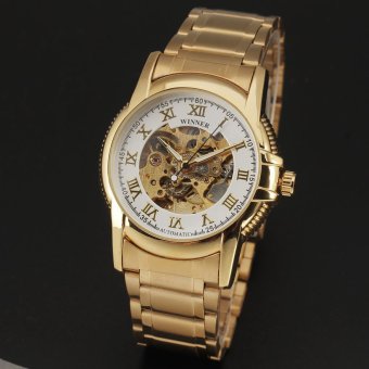 Winner Classic Skeleton Design Auto Mechanical Watch Gold Steel Material White Dial  