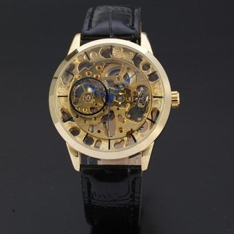 WINNER Luxury Black Leather Skeleton Mechanical Hand Winding Mens Watch Gold WW144  