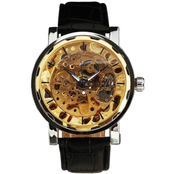 WINNER Luxury Skeleton Men's Mechanical Wrist Watch Golden Hollow Dial Leather Strap Luminous Hand Business Gift W/ Box 261 - intl  