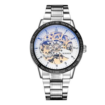 WINNER Men Skeleton Mechanical Watch Steampunk Automatic Full Stainless Steel Montre Homme Wristwatch Erkek (Blue Silivery) - intl  