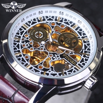 Winner Men's Luxury Brand Military Mechanical Watches Leather Hollow Skeleton Watch Relojes Hombre  