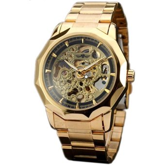 WINNER Rose Gold Steel Skeleton Automatic Mechanical Mens Sport Watch Black Dial WW301  