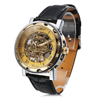 Winner Skeleton Design Manual Mechanical Watch Leather Strap Gold Dial  