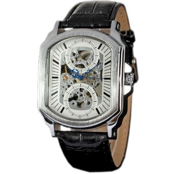 WINNER Unique Black Leather White Dial Automatic Mechanical Skeleton Mens Watch WW065  