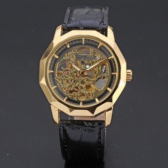 WINNER Vintage Automatic Skeleton Mechanical Mens Black Leather Watch Gold Case WW103  