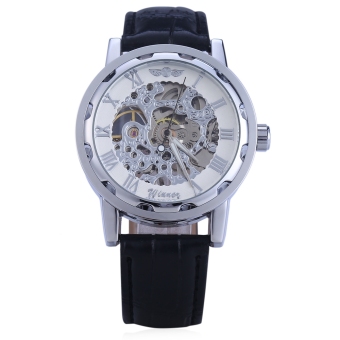 Winner W001 Men Hollow Mechanical Watch with Leather Band Roman Scale (Silver)  