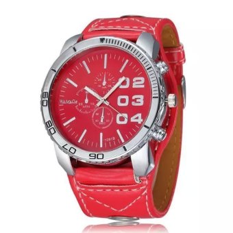 WOMAGE Men Big Round Style Adjustable Alloy Case PU leather Band Quartz Watches red  