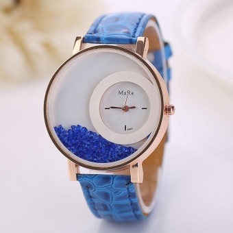 Woman Leather Quicksand Rhinestone Quartz Bracelet Wristwatch Watch -Blue - intl  