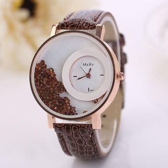 Woman Leather Quicksand Rhinestone Quartz Bracelet Wristwatch Watch Brown - intl  