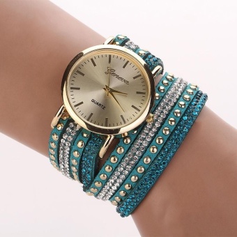 Women Crystal Rivet Bracelet Quartz Braided Winding Wrap WristWatch -Sky Blue - intl  