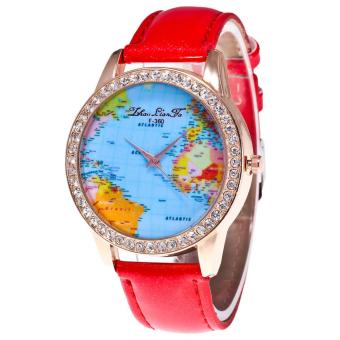 Women World Map Quartz Leather Analog Wrist Watch Round Case Watch Red - intl  