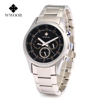WWOOR 8015 Male Quartz Watch 3ATM Stainless Steel Band Luminous Working Sub-dial Wristwatch (Black) - intl  