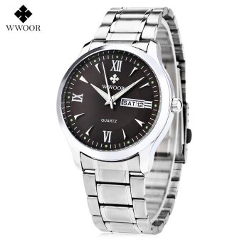 WWOOR 8821 Male Quartz Watch 3ATM Stainless Steel Band Luminous Date Day Display Wristwatch (Black) - intl  