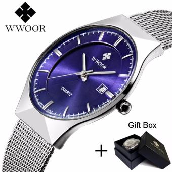 WWOOR aw merek teratas pria mewah jam Quartz Stainless Steel sangat tipis jala Band jam tangan Fashion jam tangan kasual (biru)- International  