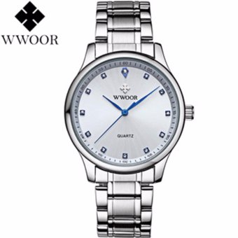Wwoor Pria Klasik 8812 (Putih Strip Biru) / Jam Tangan Tipis Kantoran / Stainless Steel - Tahan Air  