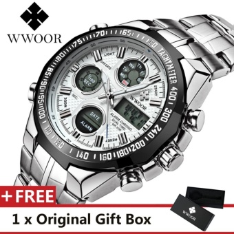 WWOOR Top Luxury Brand Watch Famous Fashion Sports Cool Men Quartz Watches Calendar Alarm Stop Watch Waterproof Stainless Steel Wristwatch For Male Black - intl  