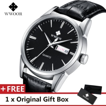 WWOOR Top Luxury Brand Watch Famous Fashion Sports Cool Men Quartz Watches Calendar Waterproof Leather Wristwatch For Male Black Silver - intl  