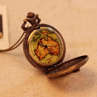 xaqiwe Map Pattern Necklace Pocket Watch Antique Bronze Quartz Alloy Pendant With Long Chain Retro Hot Sale (bronze) - intl  