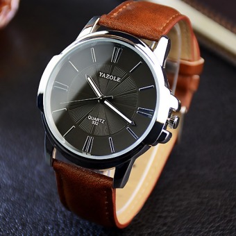 YAZOLE Unisex Sport Stainless Steel Quartz Leather Wrist Watch (Black+Brown)  