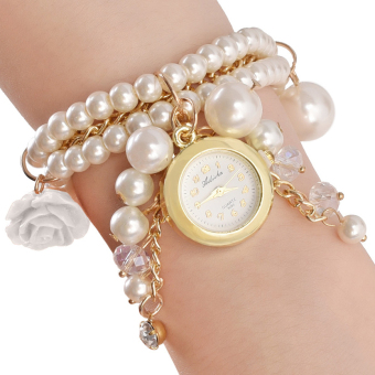 Yika Fashion And Beautiful Watch Faux Pearls Roses Quartz Bracelet Watches (White Flower)  