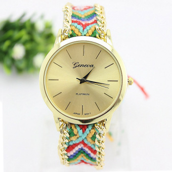 Yika Geneva Handmade Weave Adjustable Bracelet Gold Plated Dial Wrist Watch (#9)  