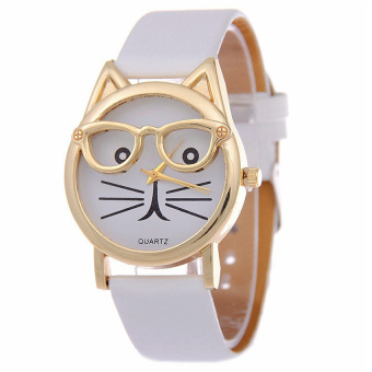 Yika Unisex Cat Face Leopard Faux Leather Analog Quartz Wrist Watch (White)  