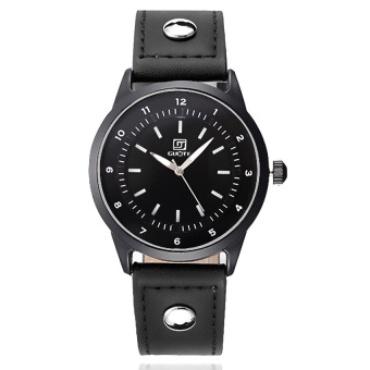Yika Unisex Round Steel Case Faux Leather Analog Quartz Wrist Watch (Black)  
