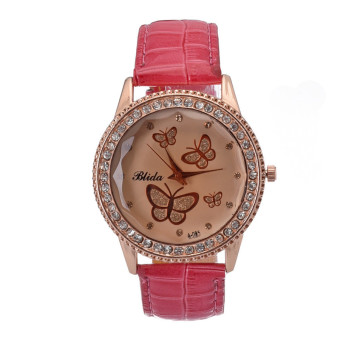 Yika Women Lady Golden Band Butterfly Bracelet Watches Quartz Rhinestone Wrist Watch (Rose Red)  