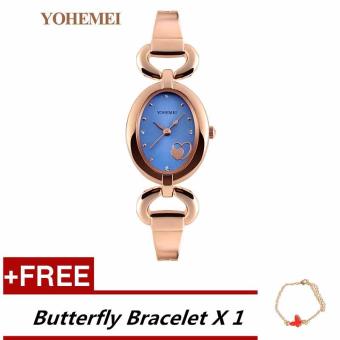 YOHEMEI 0162 Watches for Womens Quartz Watch Oval Dial Bracelet Casual Gold Ladies Watch Clock - Blue + Free Butterfly Bracelet [Buy 1 Get 1 Free] - intl  
