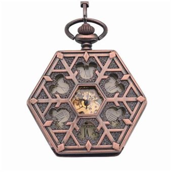 yukufus Antique red bronze Hexagonal automatic pendant fob watch retro pocket watch keychain vintage mechanical pocket watch with Chain (Yellow) - intl  