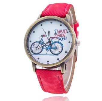 Yumite retro cowboy canvas bike pattern watch simple male and female student couple quartz watch red watch white dial - intl  