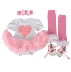 Baby Girl Romper Dress Outfit Tutu Skirt Short Sleeve Roses Heart 4pcs/set Jumpsuit Headband Shoes Legging Set (Intl)